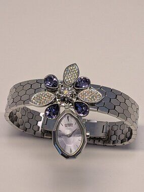 Citizen EcoDrive Lobella Crystal Flower Watch Sterling Silver Purple Face 550371